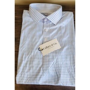 Collars & Co Mens Dress Collar Polo Medium Blue White Grid Check Plaid NWT